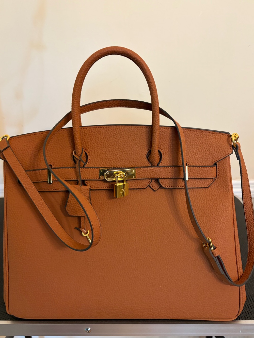 35cm Gold on Gold vegan Satchel with Gold Lock, key and clochette, Strap. - Picture 2 of 9